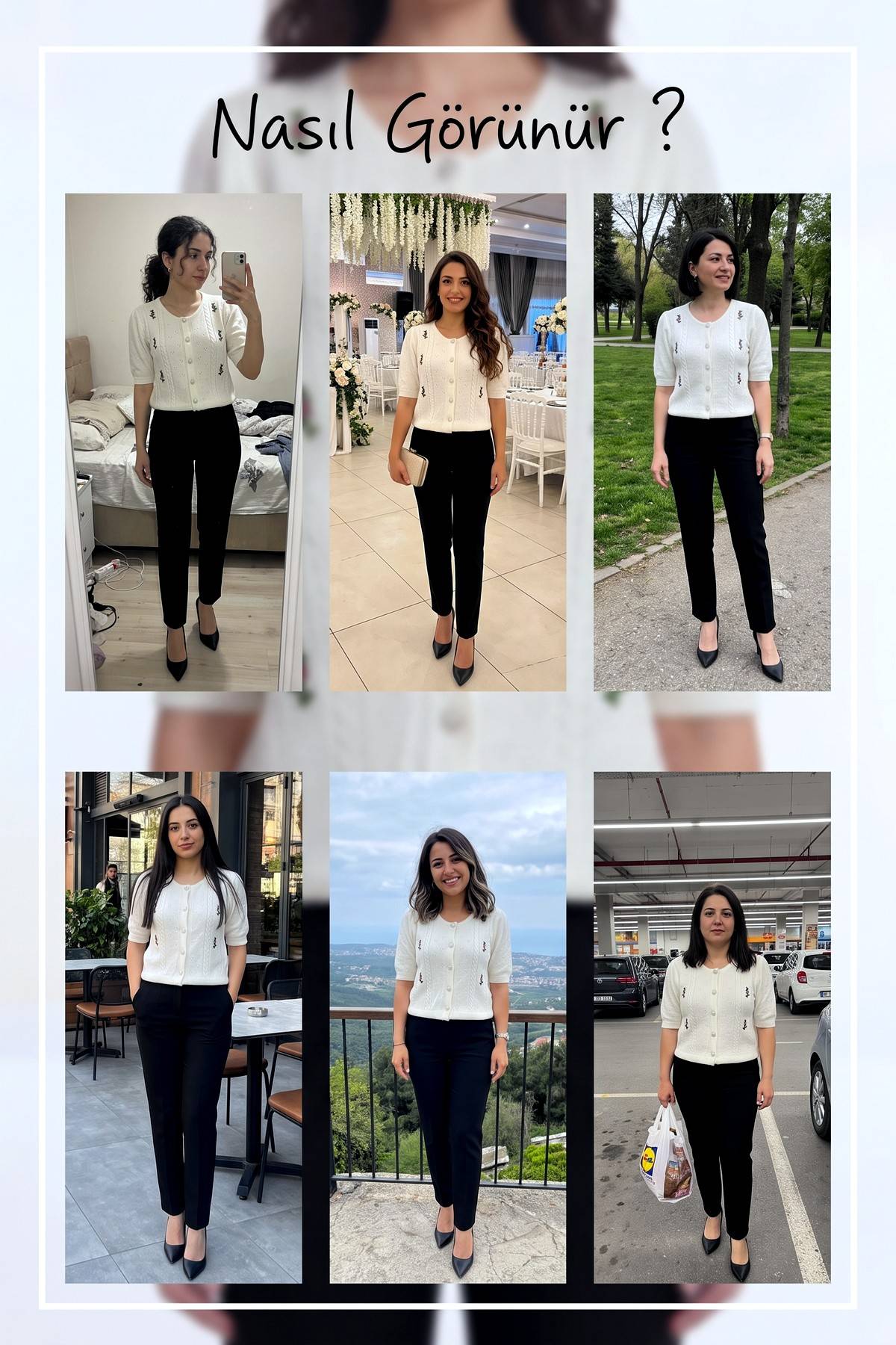 Farklı mekanlarda ZKS beyaz işlemeli yarım kol triko hırka kombinleri