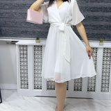 Beyaz Kloş Yarım Kol Büyük Beden Şifon Elbise