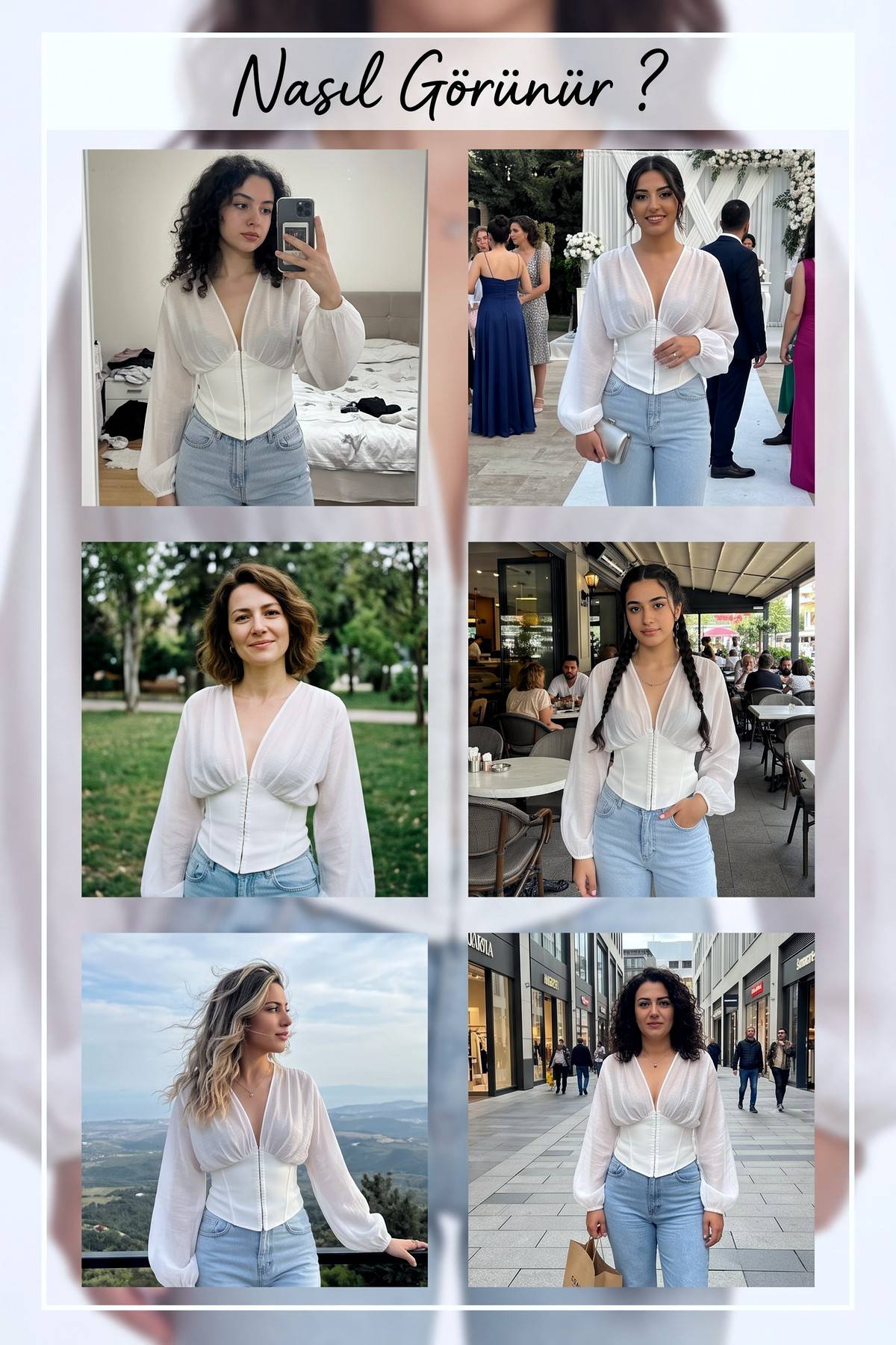 Kullanıcıların The ZKS beyaz şifon bluzu farklı ortamlarda giydiği kolaj görselleri