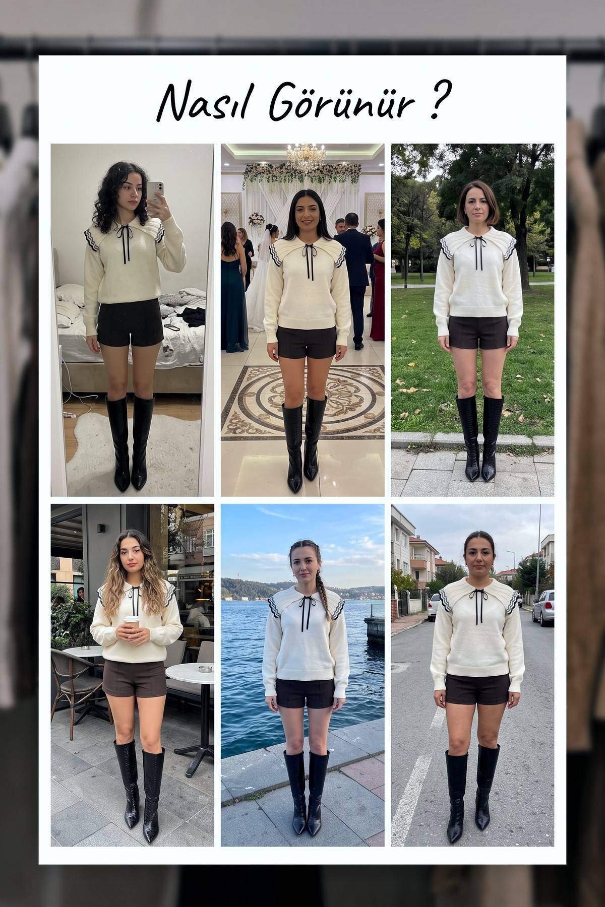 The ZKS beyaz kurdele yaka detaylı uzun kollu kadın kazak farklı mekanlarda kombinlenmiş görünüm kolajı