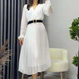 Kadın Beyaz Piliseli Midi Kemerli Şifon Elbise