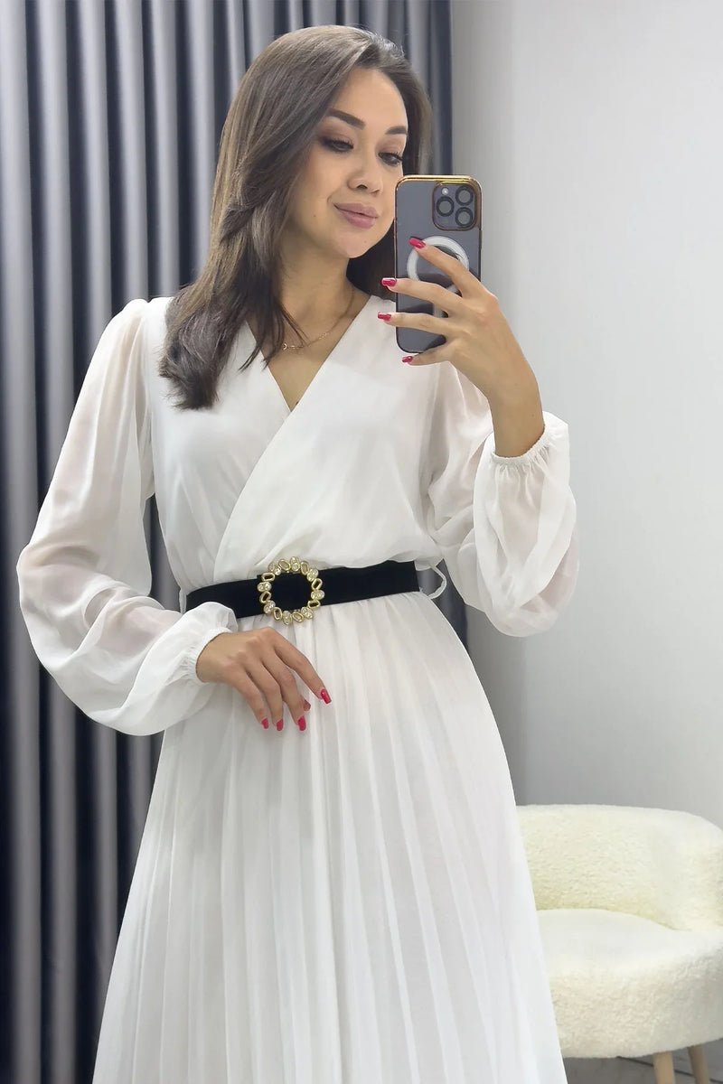 Kadın Beyaz Piliseli Midi Kemerli Şifon Elbise