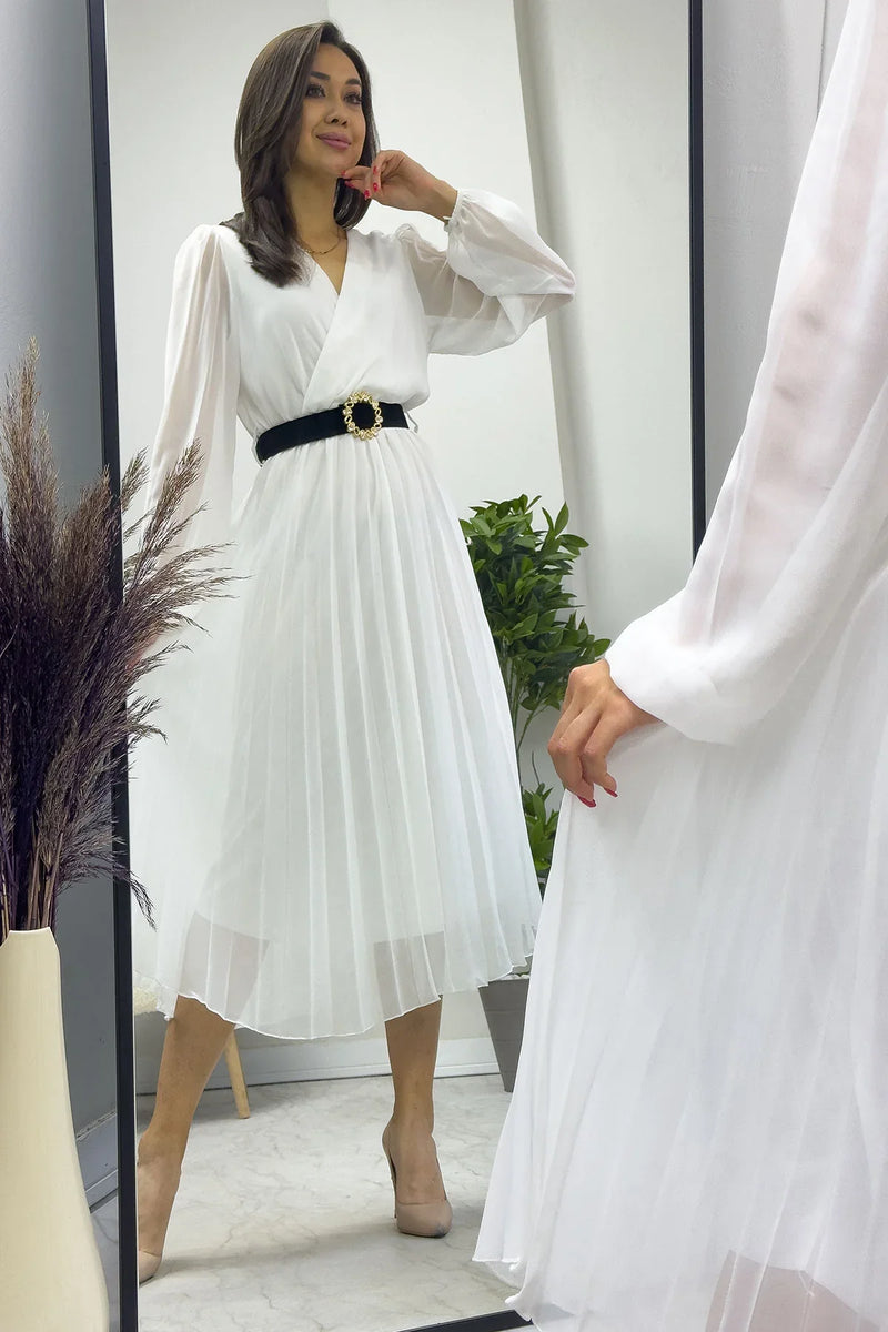 Kadın Beyaz Piliseli Midi Kemerli Şifon Elbise