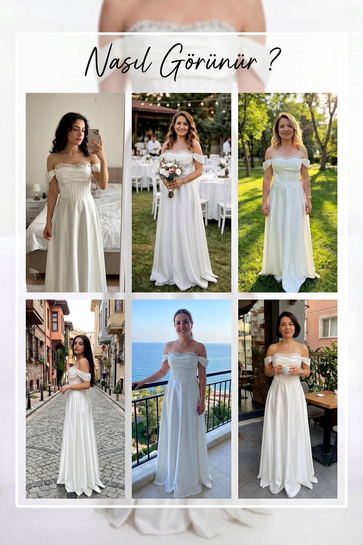 The ZKS beyaz prenses kesim abiye, farklı modellerde giyim önerileri, taşlı ve korseli tasarım.