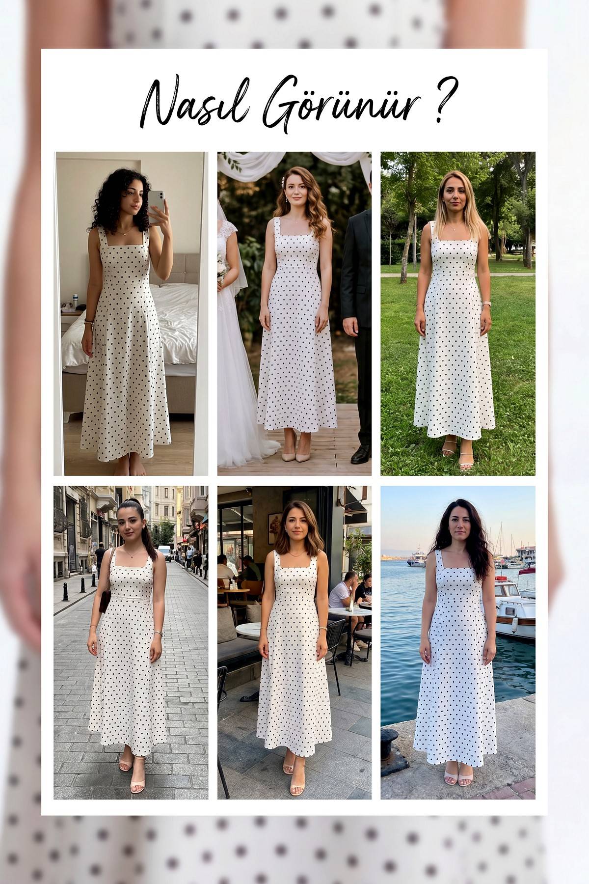 Farklı ortamlarda The ZKS puantiyeli beyaz midi elbise giyen modeller
