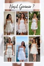 Beyaz Straplez Fiyonklu Fırfır Etekli Kısa Abiye Elbise  - Beyaz