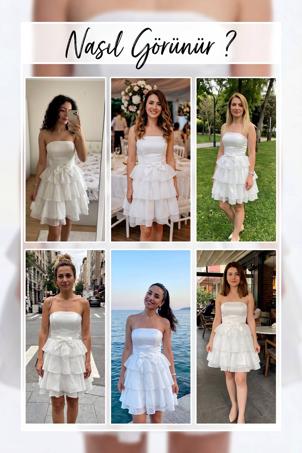 Beyaz Straplez Fiyonklu Fırfır Etekli Kısa Abiye Elbise  - Beyaz