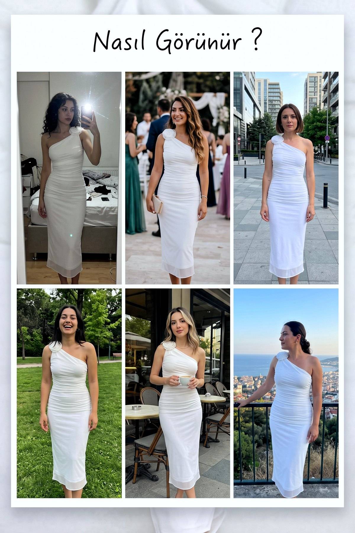 Farklı ortamlarda The ZKS beyaz tek omuzlu kalem midi elbise giyim önerileri kolajı