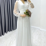 Beyaz V Yaka Tül Abiye Elbise