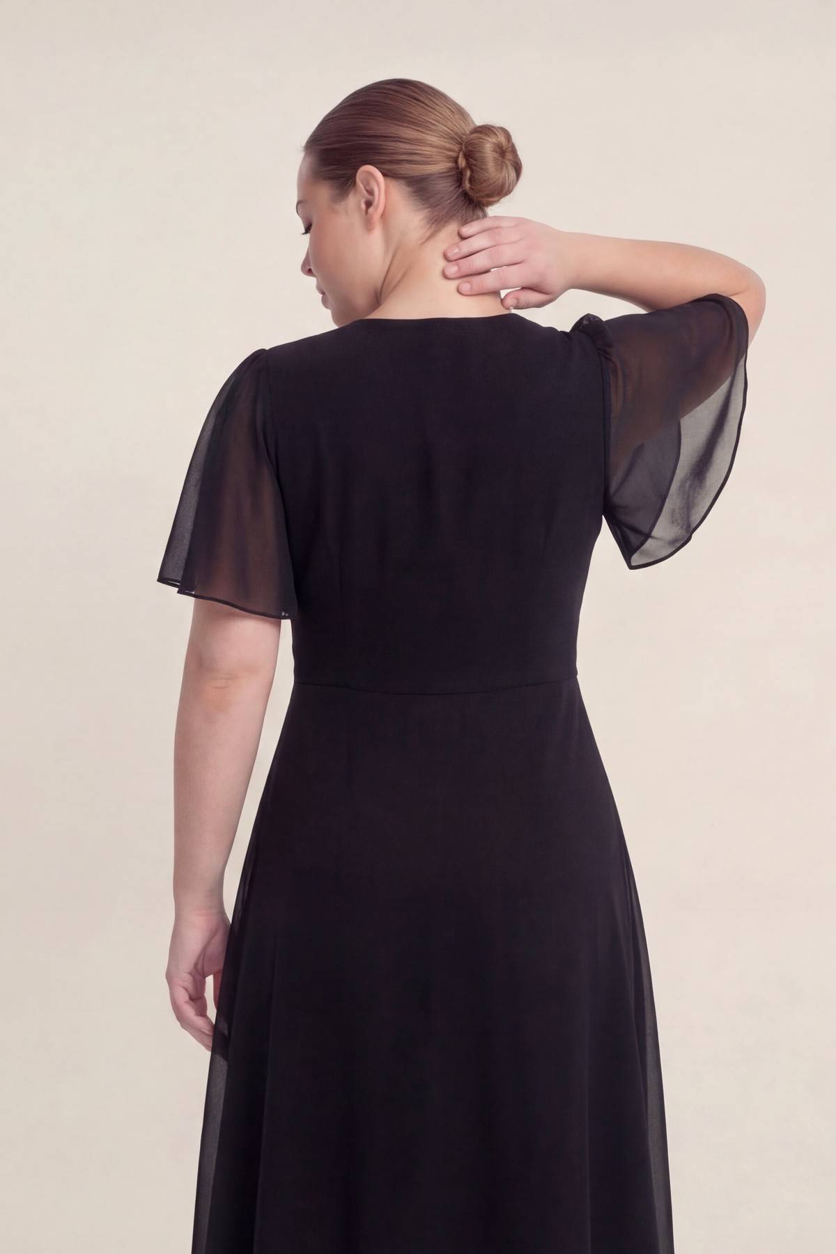 Siyah Büyük Beden Şifon Midi Elbise