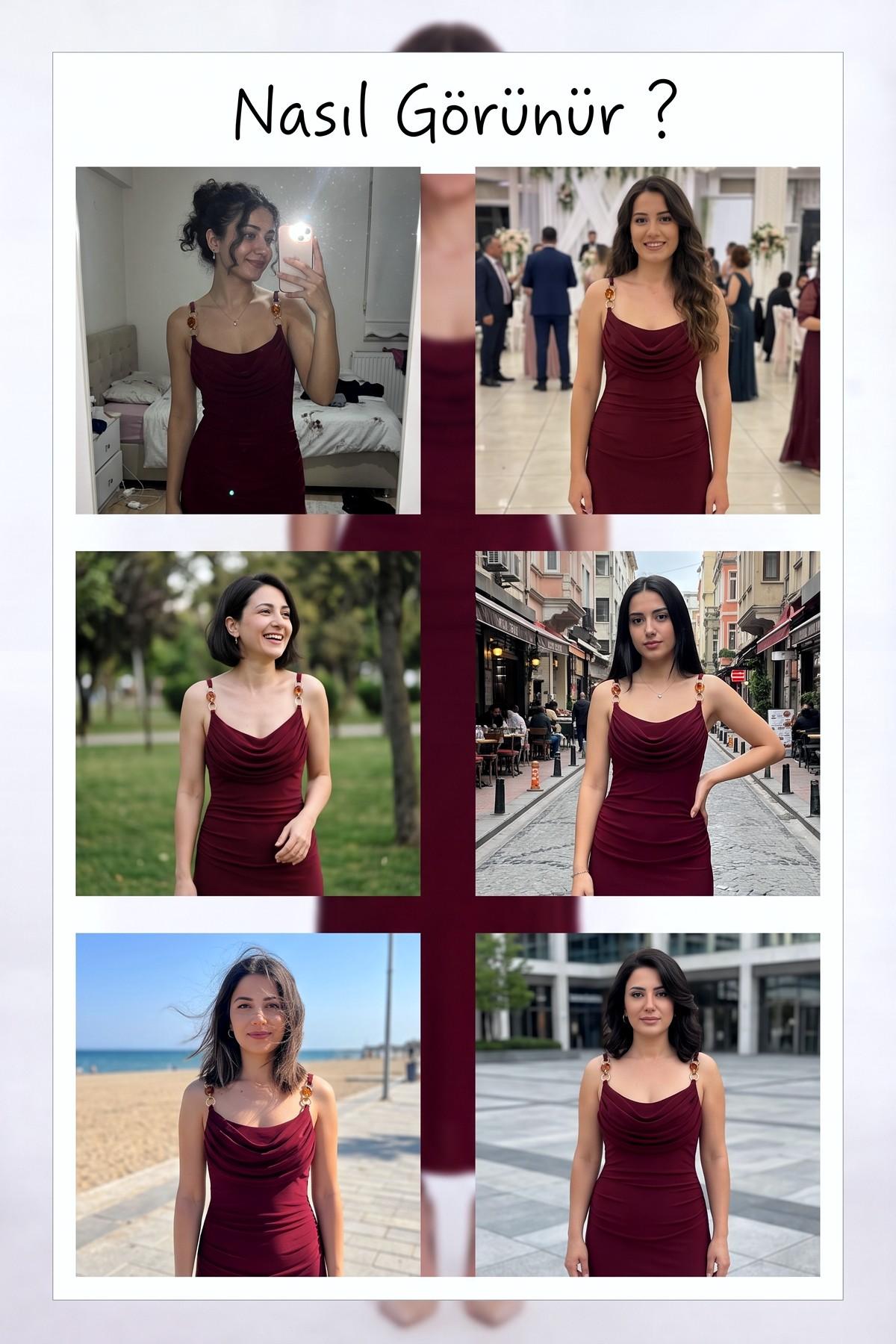 Bordo degaje yaka elbise, farklı mekanlarda ve açılarda giyim örnekleri, zincir askı detayı