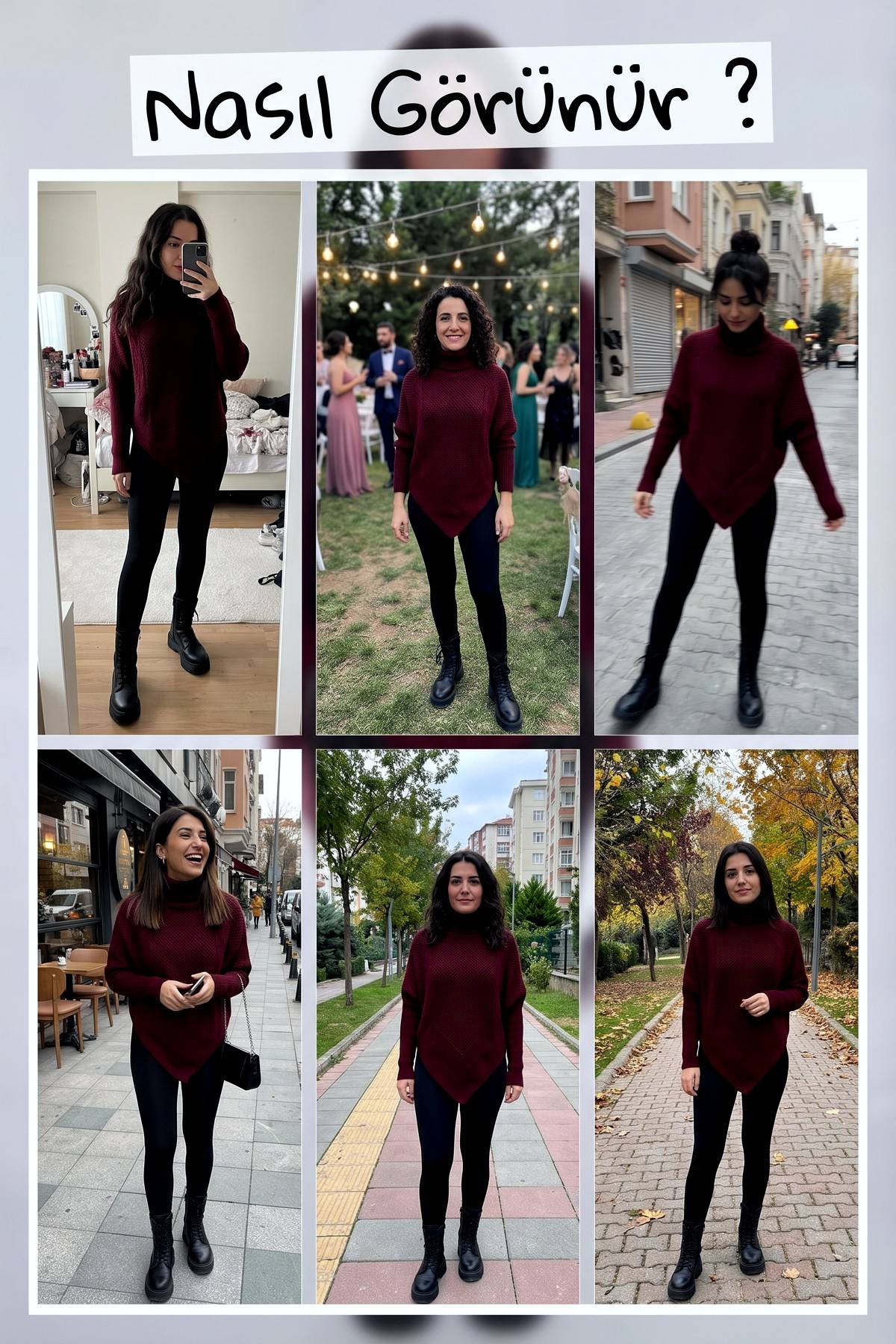 Bordo The ZKS boğazlı asimetrik kazak, farklı mekanlarda giyilmiş kombin önerileri, tam boy görünümler.