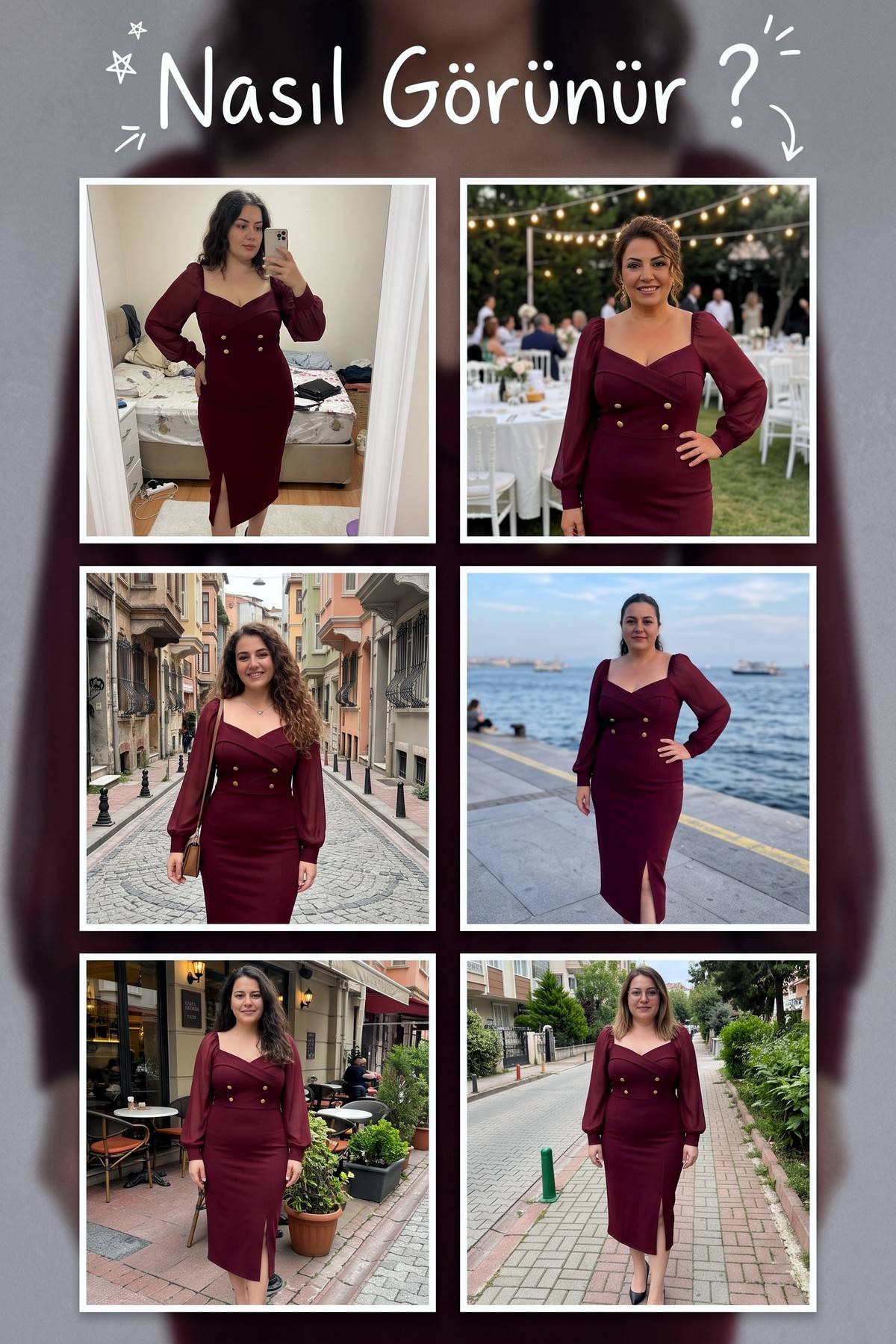 Farklı mekanlarda giyilmiş bordo midi elbise kalp yaka, balon kollu, kruvaze gold düğme detaylı kombinler