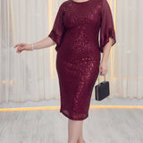 Bordo Büyük Beden Pulpayet Midi Abiye Elbise