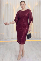 Bordo pulpayetli midi elbise, ZKS büyük beden, şeffaf kollu, önden görünüm, zarif bir duruş