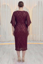 ZKS bordo pulpayetli midi elbise, büyük beden, şeffaf kollu, arkadan görünüm, zarif midi boy