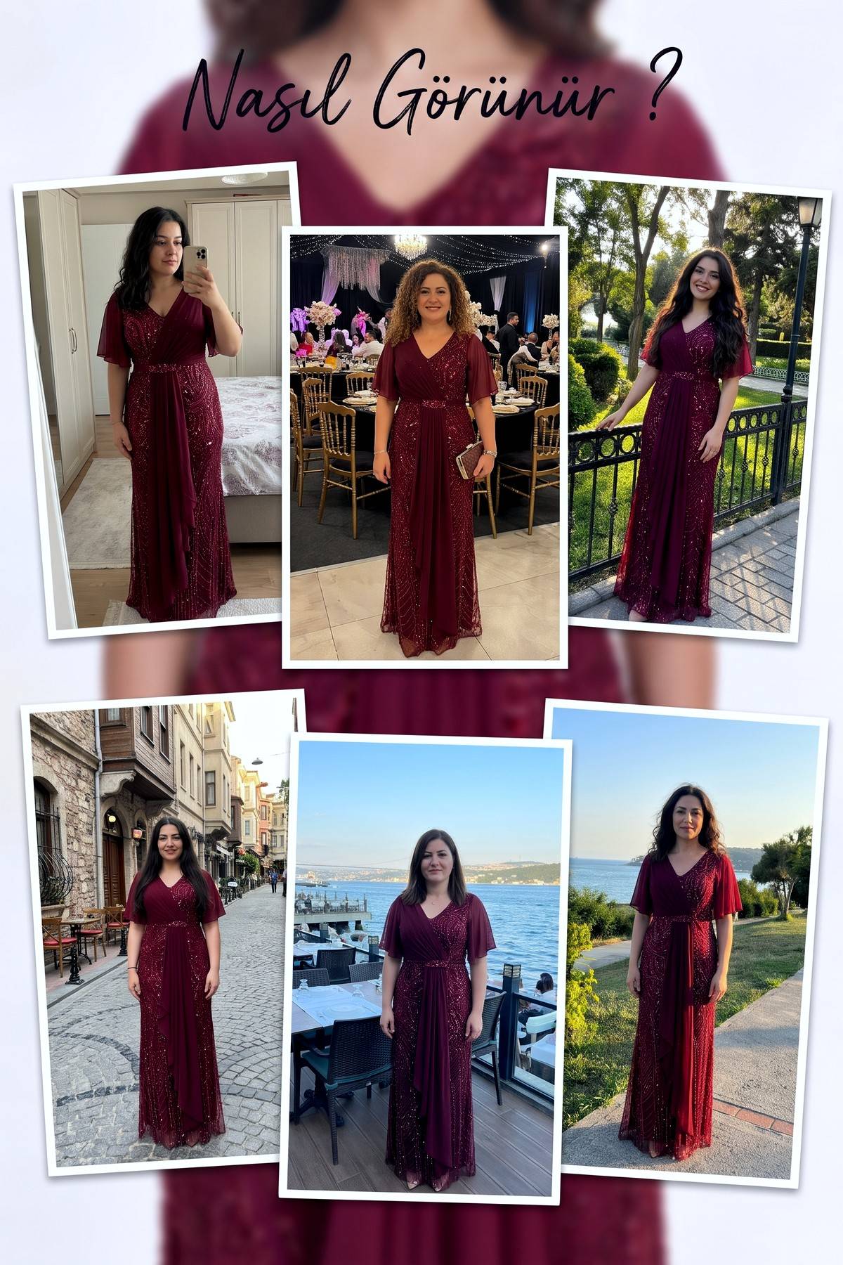 Bordo şifon balık kesim abiye elbise, V yaka, kelebek kollu, farklı mekanlarda kombinlenmiş halleri