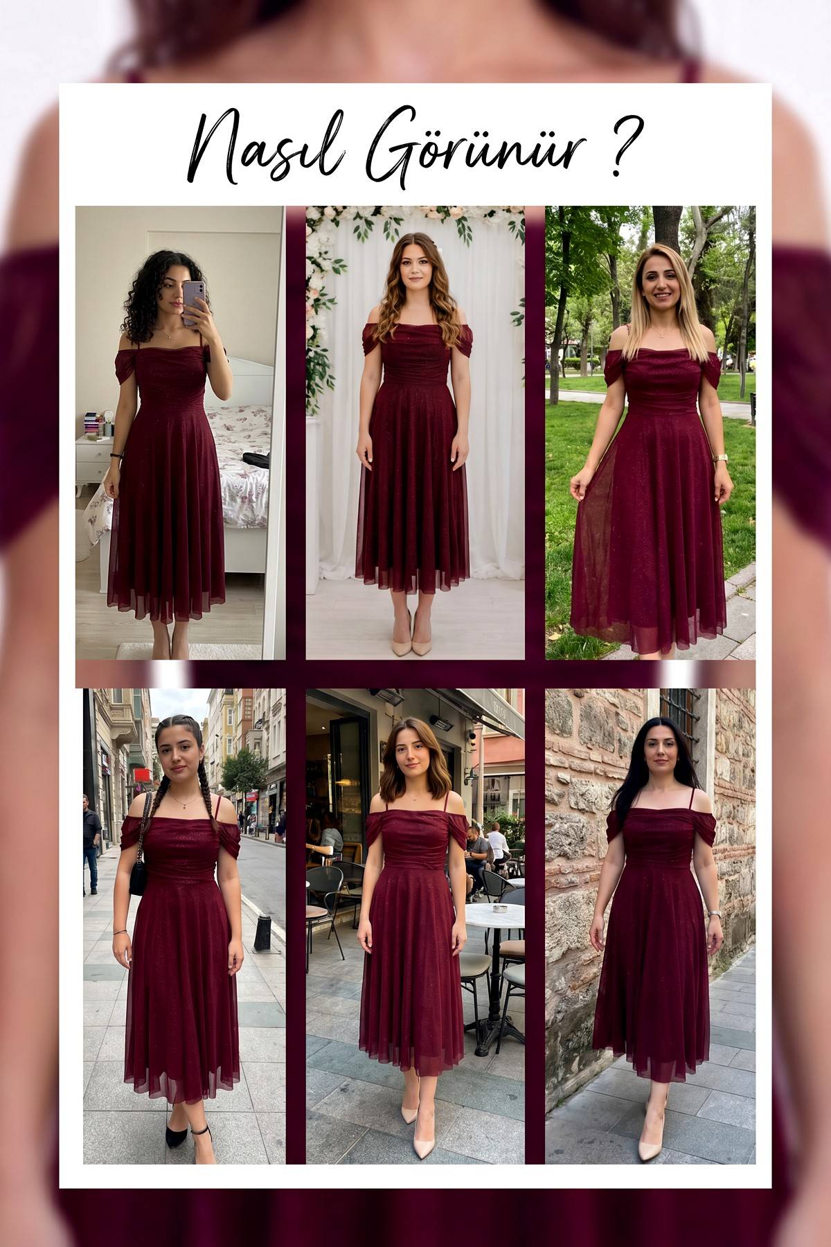Farklı modellerde giyilmiş bordo simli düşük omuzlu midi abiye elbise kombinleri