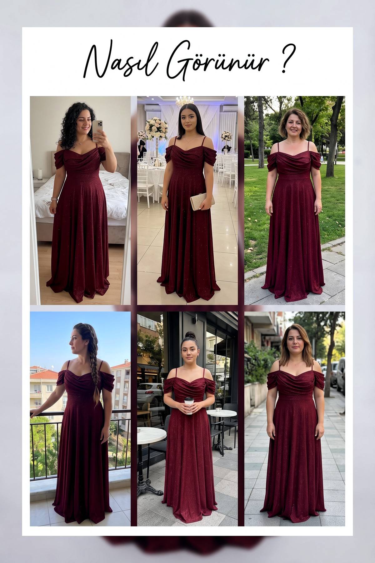 Farklı ortamlarda giyilmiş bordo simli büyük beden düşük omuzlu abiye elbiselerin kolajı