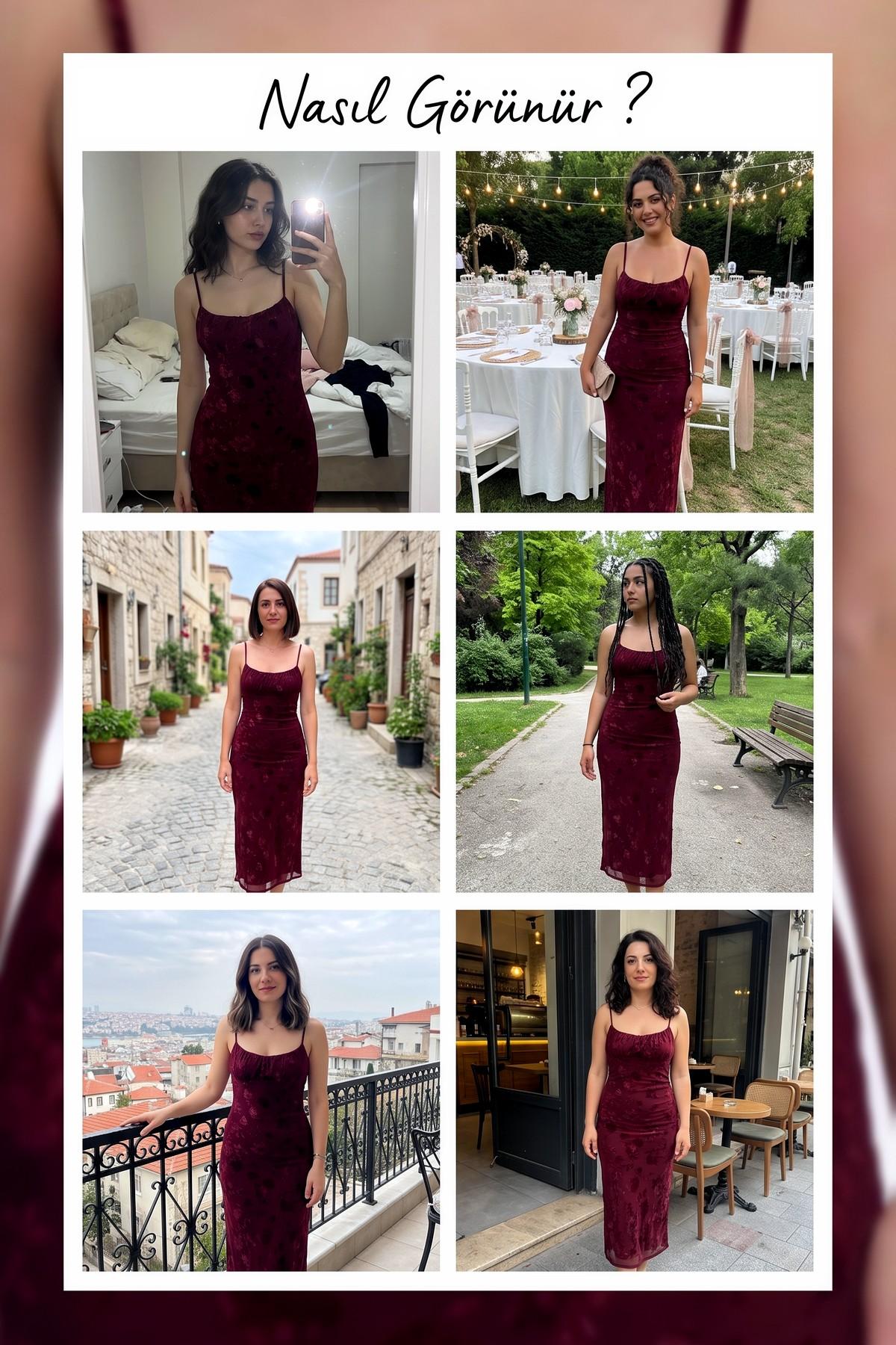 The ZKS bordo askılı midi elbise, farklı mekanlarda çekilmiş kombin önerileri