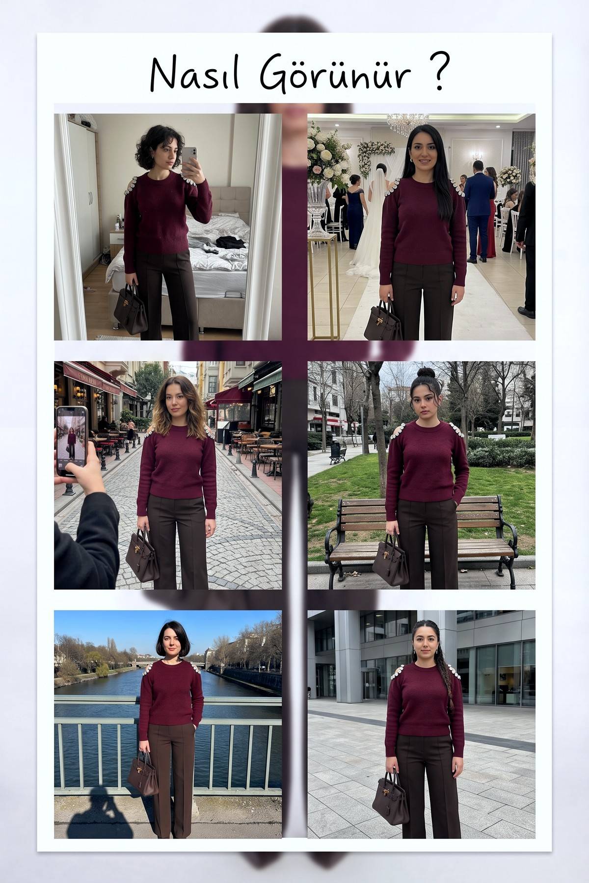Kombinasyon önerileri: Bordo triko kazak farklı ortamlarda ve açılarda gösteriliyor, boncuk işlemeli omuz detayları vurgulanıyor.