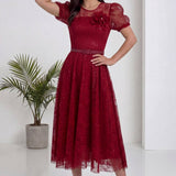 Bordo Dantel Balon Kol Midi Abiye Elbise