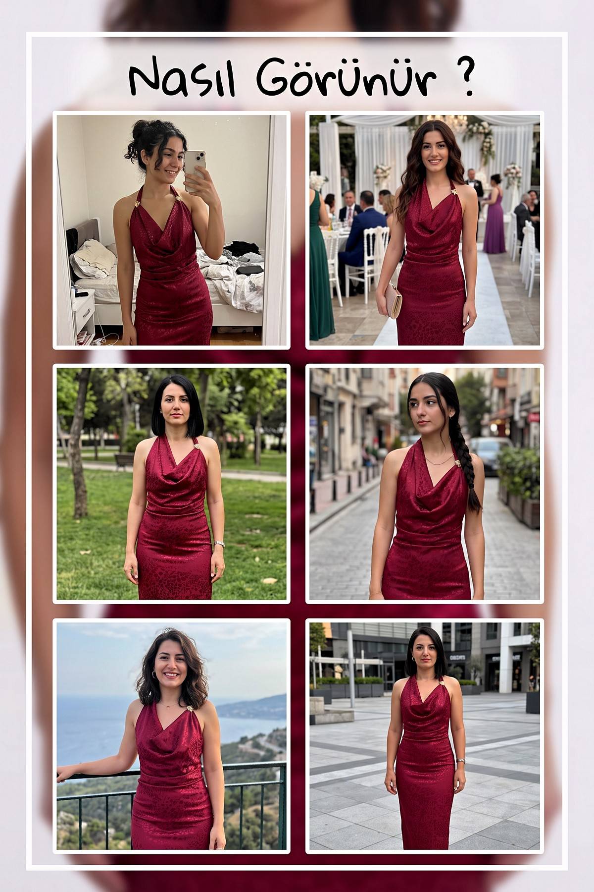 Bordo desenli halter yaka midi elbise, sırt dekoltesiyle arkadan görünüyor.