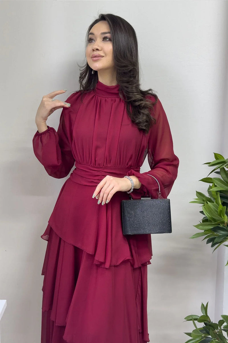 Bordo Dik Yaka Drape Detay Kat Kat Maxi Şifon Elbise - the ZKS