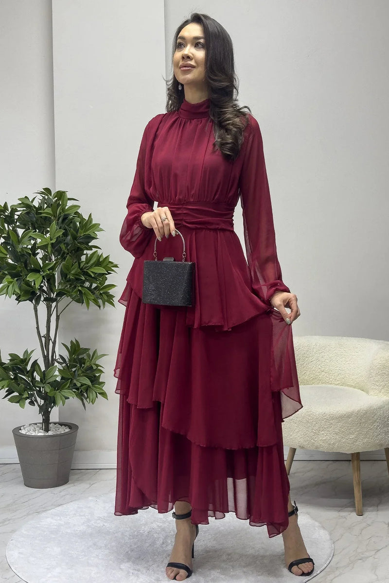 Bordo Dik Yaka Drape Detay Kat Kat Maxi Şifon Elbise - the ZKS