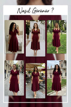 Bordo kısa kollu, v yakalı krep kumaş kloş elbise deneme 