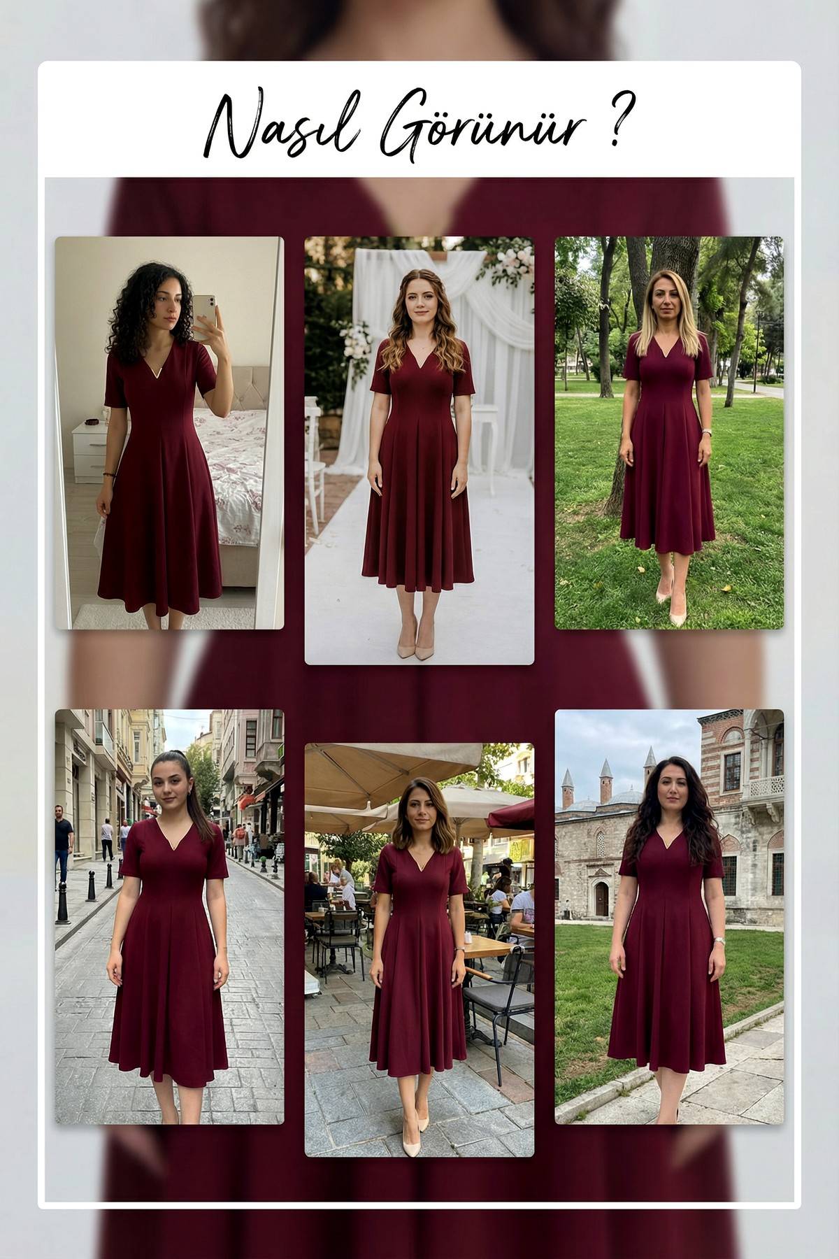 Bordo kısa kollu, v yakalı krep kumaş kloş elbise deneme 