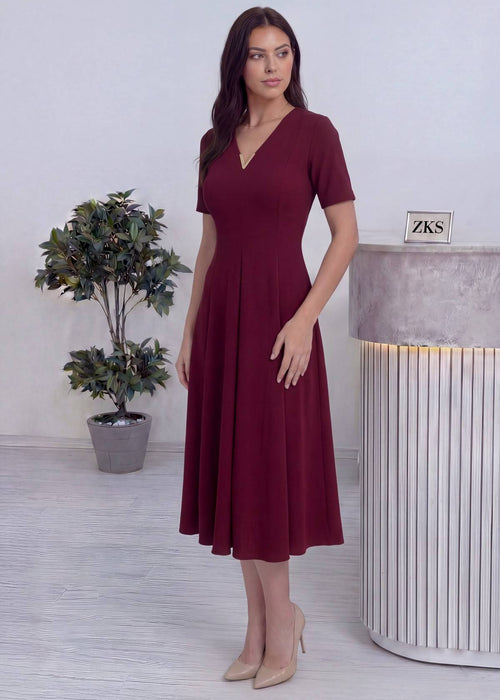 Bordo V Yaka Pileli Midi Elbise
