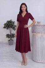 Pileli günlük giyim için kloş elbise, bordo kısa kollu v yakalı önden 