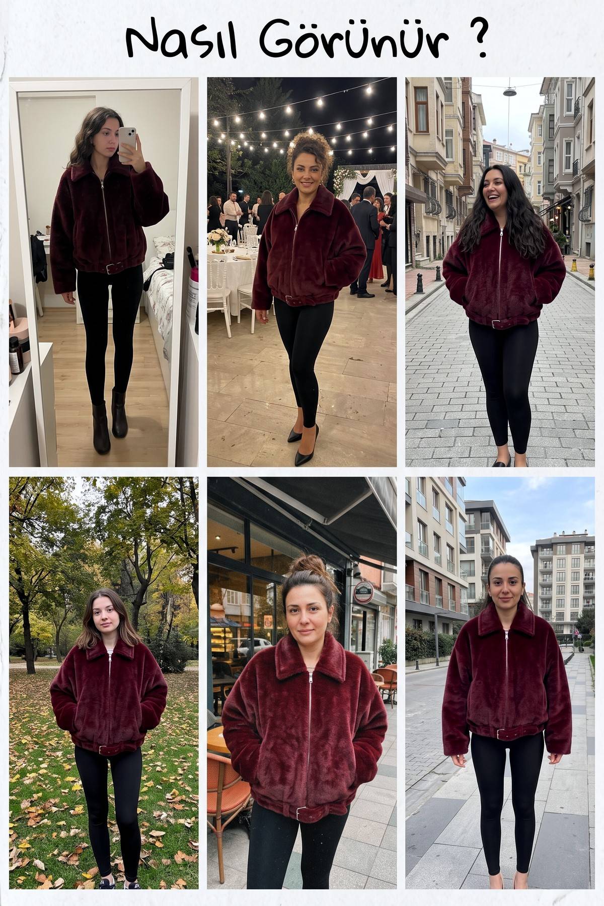 Farklı mekanlarda giyilmiş bordo bomber ceket kombinleri, modelin duruşları ve detayları