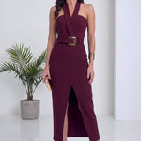 Bordo Gold Kemerli Yırtmaçlı Midi Abiye Elbise