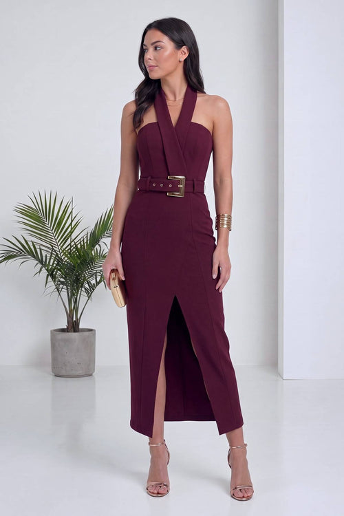 The ZKS bordo halter yaka yırtmaçlı midi abiye elbise ön detaylı görünüm