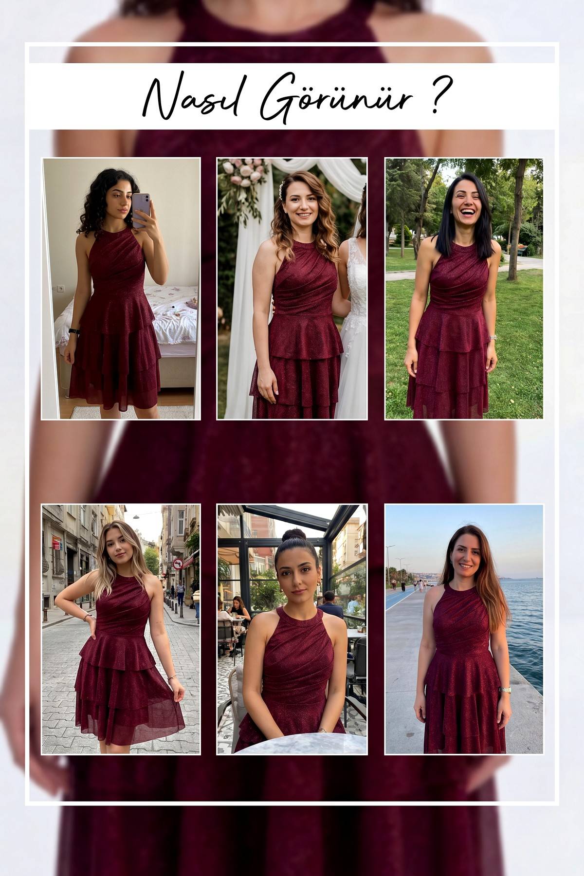 Farklı ortamlarda ZKS bordo simli halter yaka kat kat etekli kısa abiye elbise kombinleri