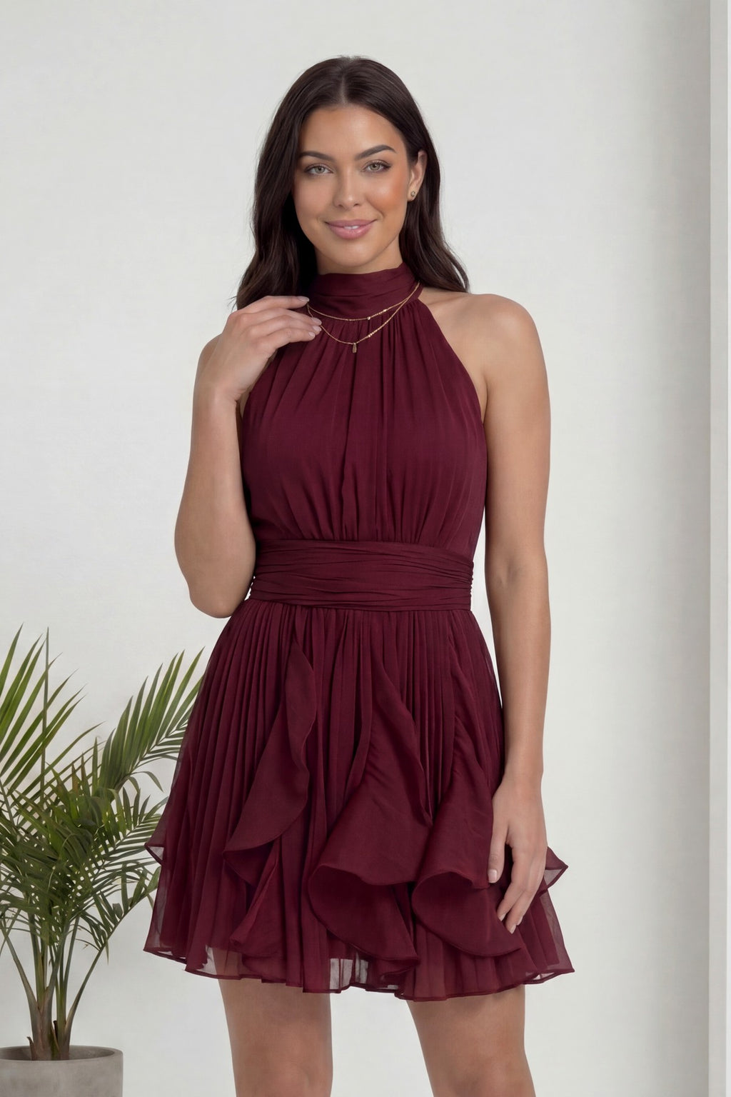 Mini boy bordo halter yakalı şifon volanlı abiye mezuniyet elbisesi