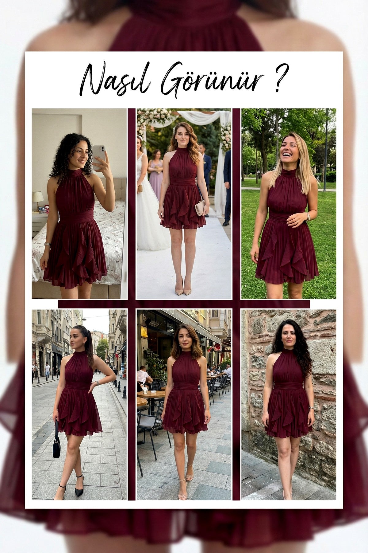 Bordo Halter Yaka Volanlı Şifon Elbise Denemeleri