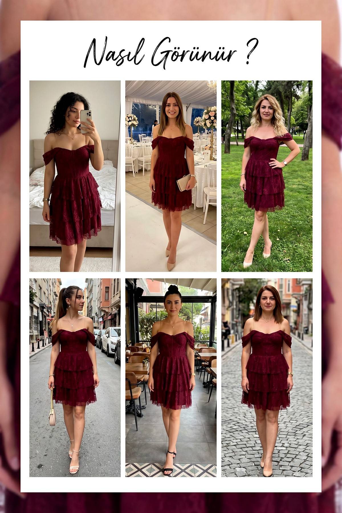 Farklı ortamlarda The ZKS bordo dantel mini abiye elbise giymiş modellerin kolajı