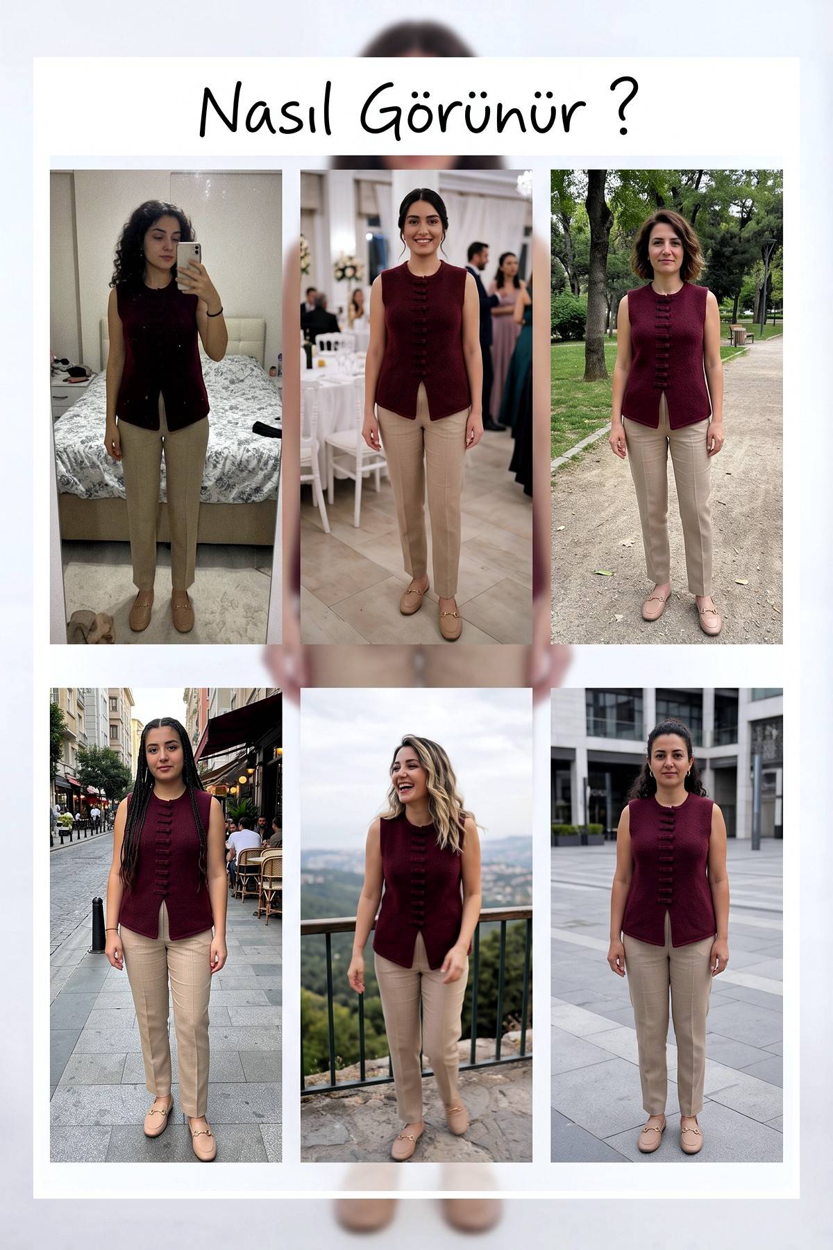 The ZKS bordo triko bluzun farklı ortamlardaki kombinlerini gösteren kolaj görsel.