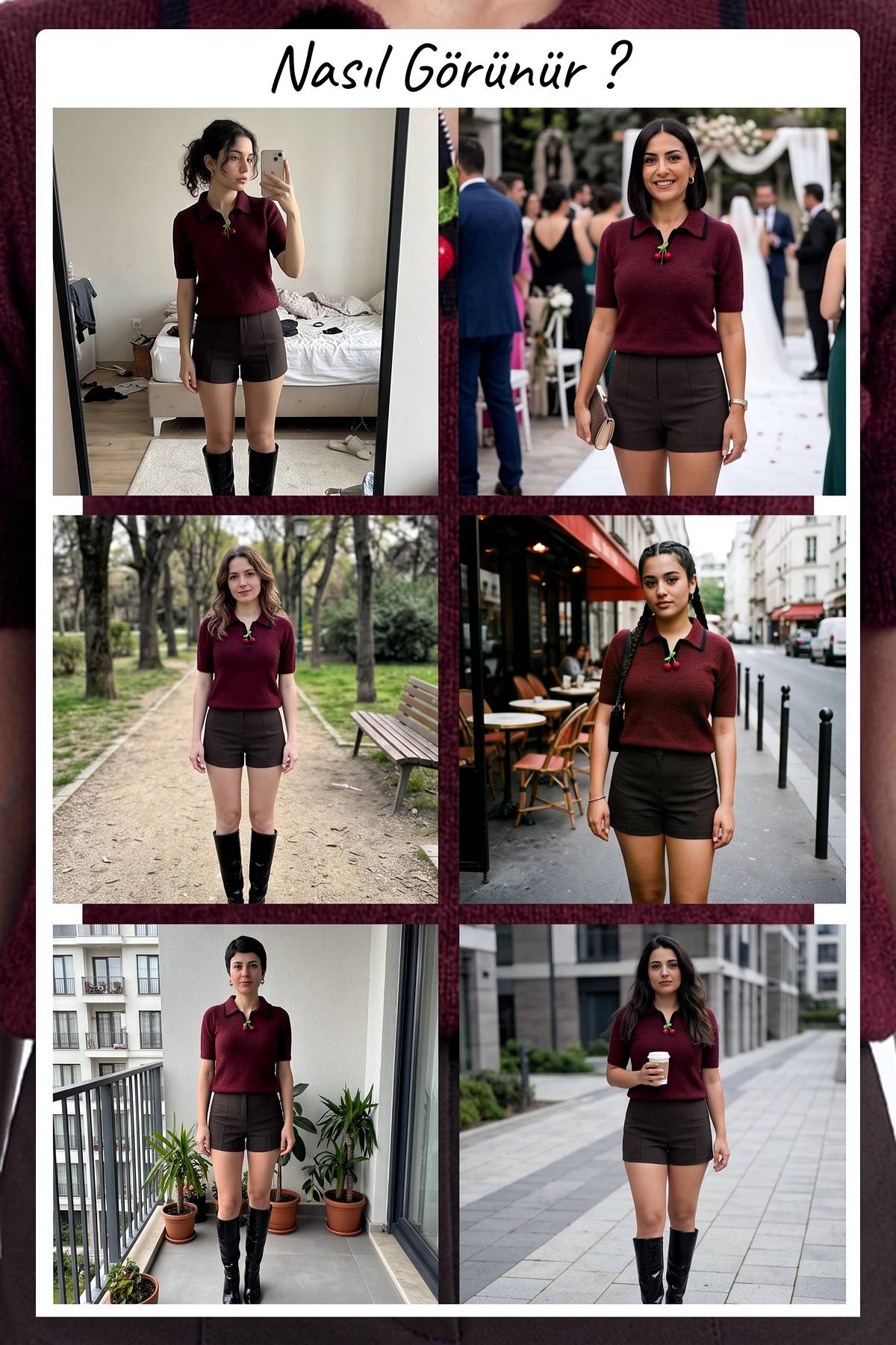 Farklı mekanlarda giyilmiş bordo kiraz detaylı triko polo üst kombinleri