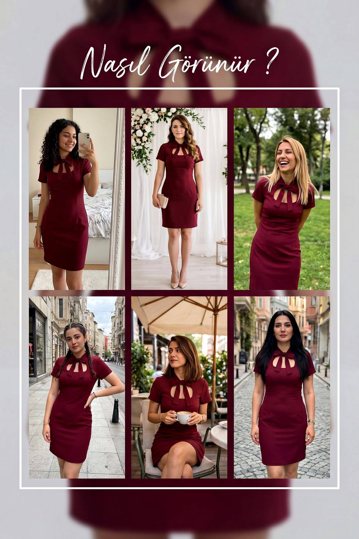 The ZKS bordo kalem elbise, farklı kombinasyonlarda kullanımını gösteren kolajda yer alan, yaka bağlamalı model.