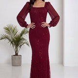 Bordo Kare Yaka Şifon Kol İşlemeli Balık Abiye Elbise