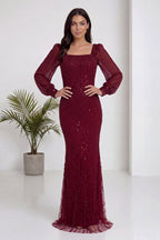 Bordo kare yaka şifon kollu balık kesim abiye elbise, ön cephe, pullu detaylar