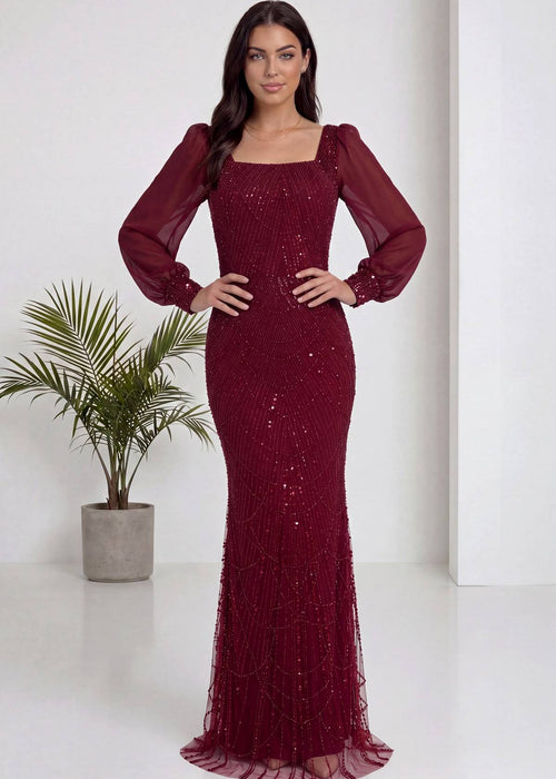 Bordo Kare Yaka Şifon Kol İşlemeli Balık Abiye Elbise