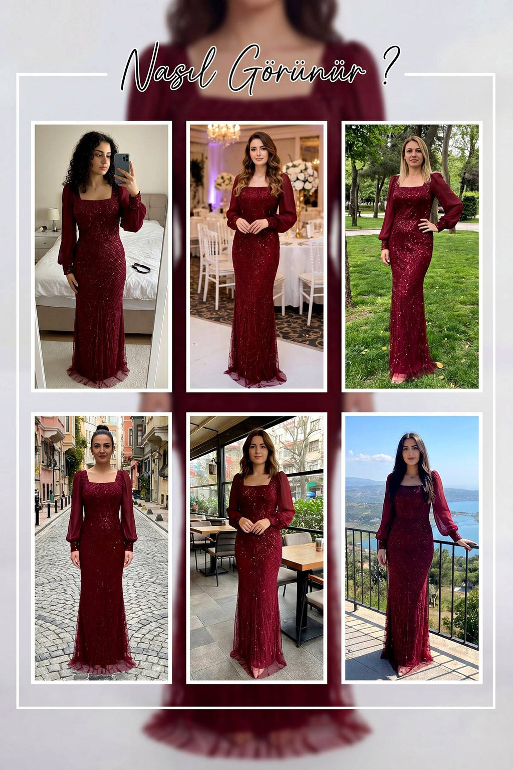 Farklı ortamlarda giyilmiş bordo kare yaka şifon kollu pullu balık abiye elbiselerin kolajı