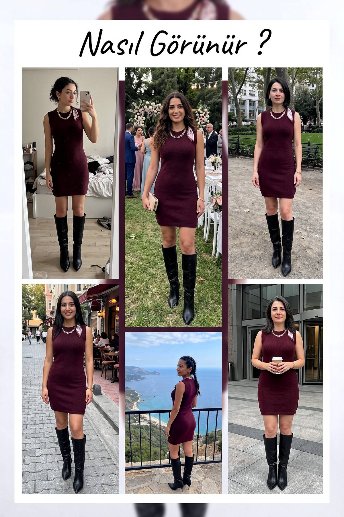 Farklı mekanlarda The ZKS bordo triko mini elbise ile kombinlenmiş şık görünümler kolajı.