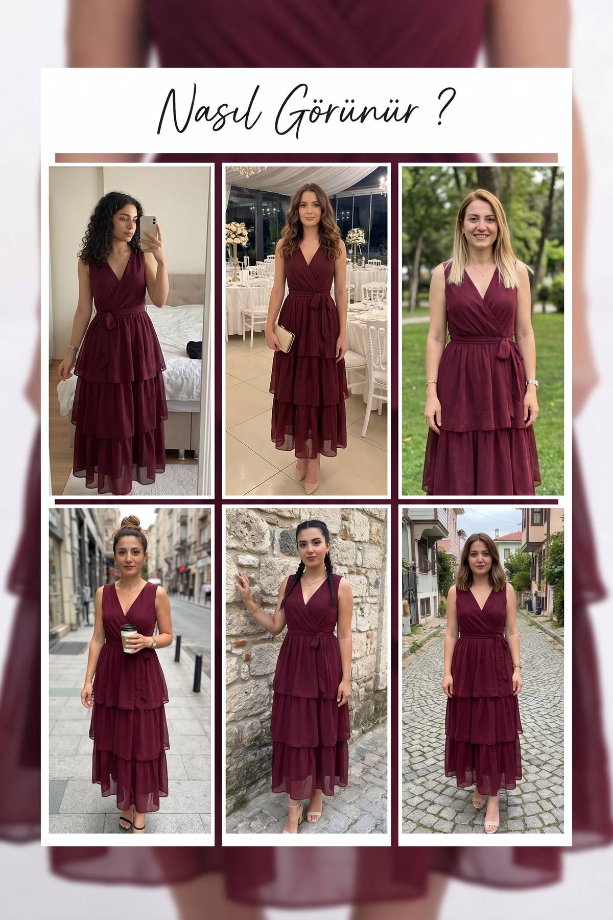 Bordo ZKS elbise farklı mekanlarda giyilmiş kombin önerileri kolajı