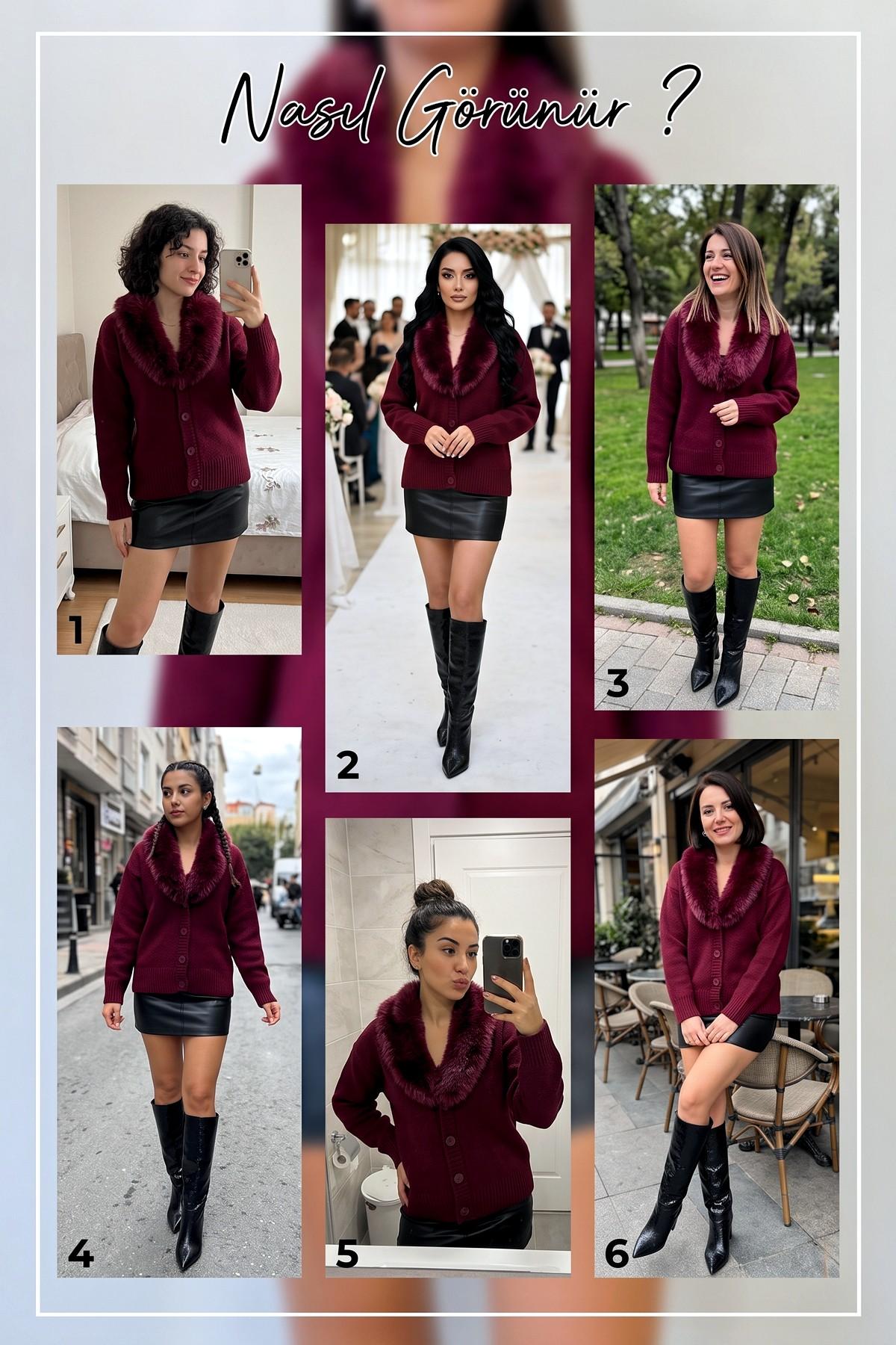 Bordo kürk yakalı triko hırka, farklı kombinlerle kullanım önerileri